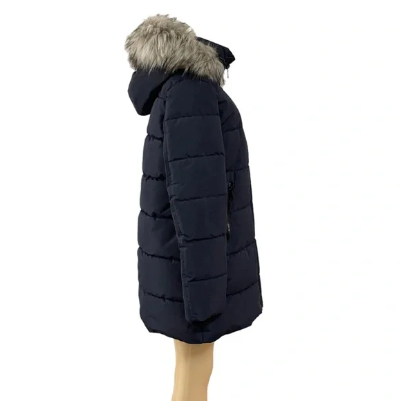 Nautica Navy Blue Puffer Mid Length Jacket Removable Faux Fur Hooded Ski Coat L - Picture 5 of 10